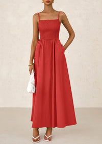 Smocked Beach Casual Spaghetti Strap Swing A Line Flowy Maxi Dresses