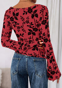 PRETTYGARDEN Women Long Sleeve Floral Mesh Tops Blouse  Fall Trendy Boat Neck Ruched Fitted Shirt Going Out Date Outfits