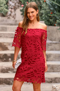 Off Shoulder Vintage Floral Lace Flare Short Sleeve Loose Elegant Mini Dress