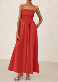 Smocked Beach Casual Spaghetti Strap Swing A Line Flowy Maxi Dresses