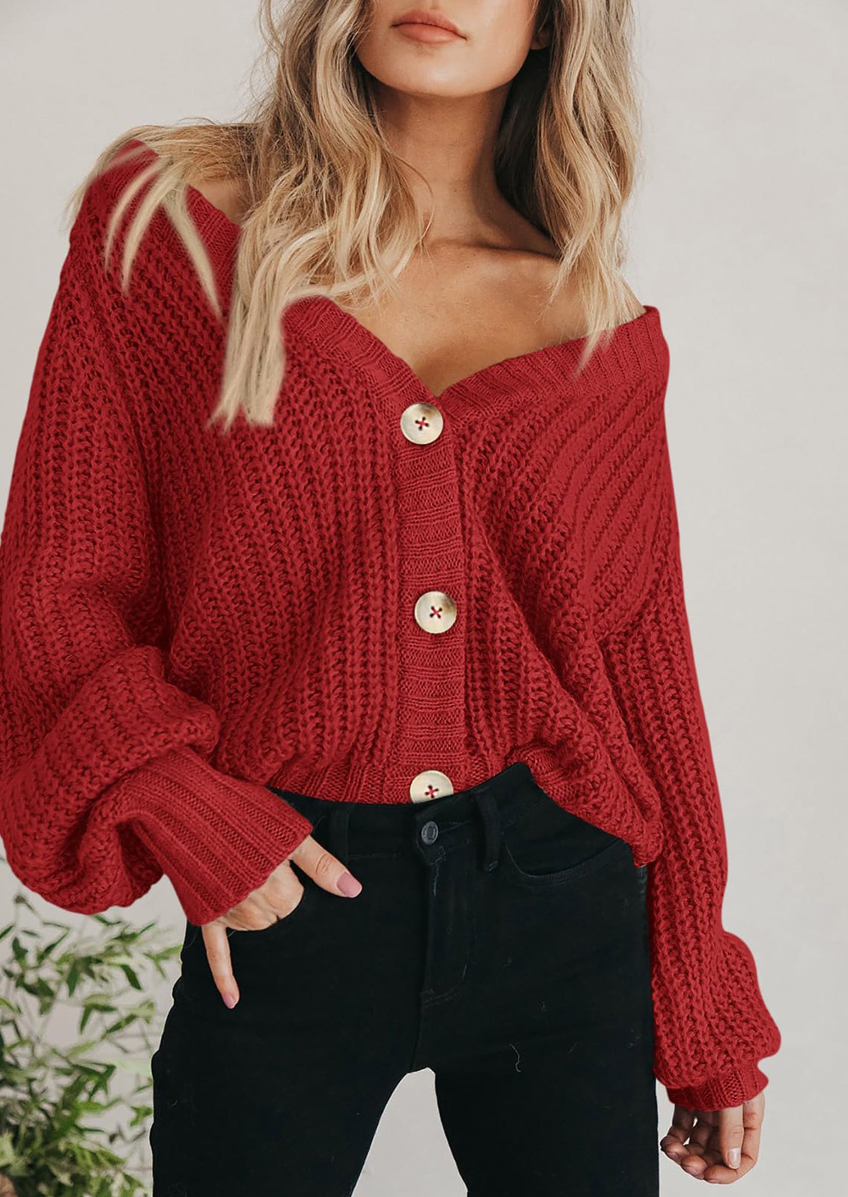 PRETTYGARDEN Women's Chunky Knit Open Front Sweater Long Sleeve Button Loose Short Cardigan Outerwear Coats