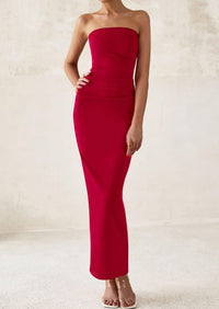 Strapless Tube Bodycon Ruched Slit Maxi Dresses