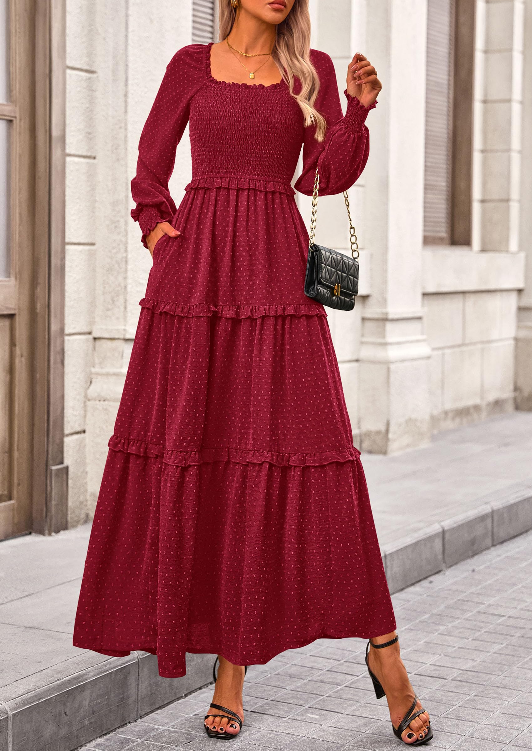 PRETTYGARDEN Women Fall Long Sleeve Smocked Maxi Dress Casual Square Neck Swiss Dot Tiered Ruffle Flowy Spring Pocket Dresses