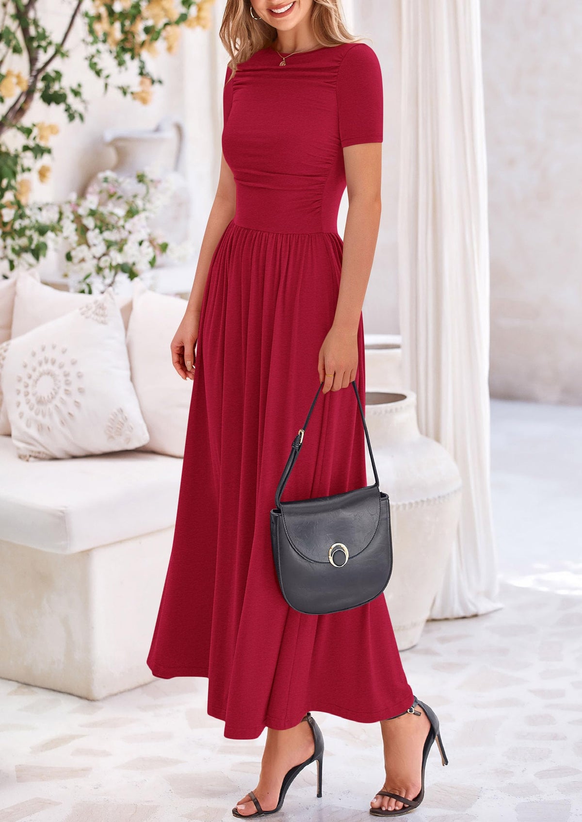 Casual Short Sleeve Ruched Patchwork A Line Pleated Swing Maxi Dresses with Pockets