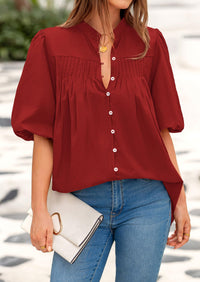 Lantern Sleeve Loose Fit Button Down Casual Pleated V Neck Blouses