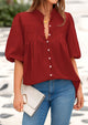 Lantern Sleeve Loose Fit Button Down Casual Pleated V Neck Blouses