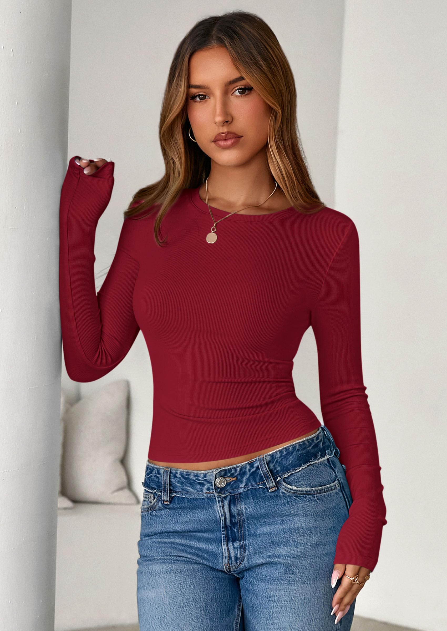 PRETTYGARDEN Womens Summer Fall Long Sleeve Shirts Ribbed Knit Fitted Basic Tee Going Out Tops Underscrub Casual Outfits
