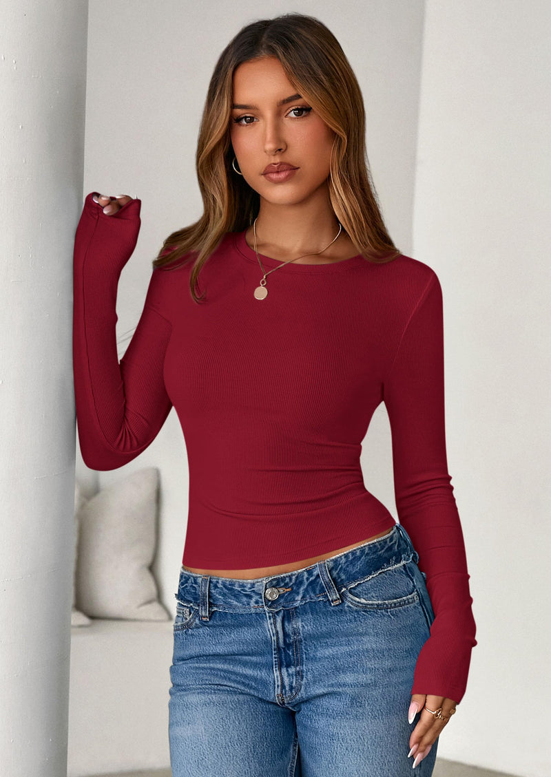 PRETTYGARDEN Womens Summer Fall Long Sleeve Shirts Ribbed Knit Fitted Basic Tee Going Out Tops Underscrub Casual Outfits