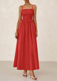 Smocked Beach Casual Spaghetti Strap Swing A Line Flowy Maxi Dresses
