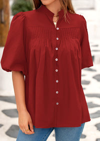 Lantern Sleeve Loose Fit Button Down Casual Pleated V Neck Blouses