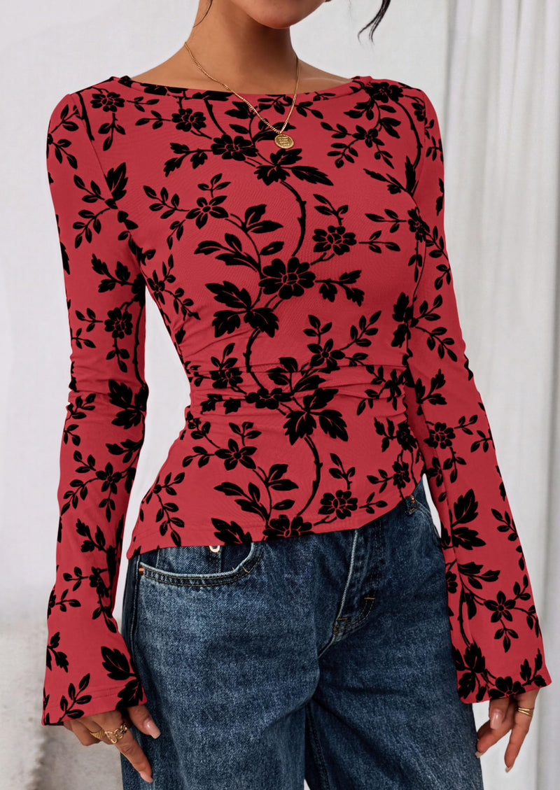 PRETTYGARDEN Women Long Sleeve Floral Mesh Tops Blouse  Fall Trendy Boat Neck Ruched Fitted Shirt Going Out Date Outfits