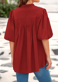 Lantern Sleeve Loose Fit Button Down Casual Pleated V Neck Blouses