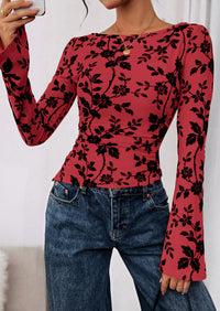 PRETTYGARDEN Women Long Sleeve Floral Mesh Tops Blouse  Fall Trendy Boat Neck Ruched Fitted Shirt Going Out Date Outfits