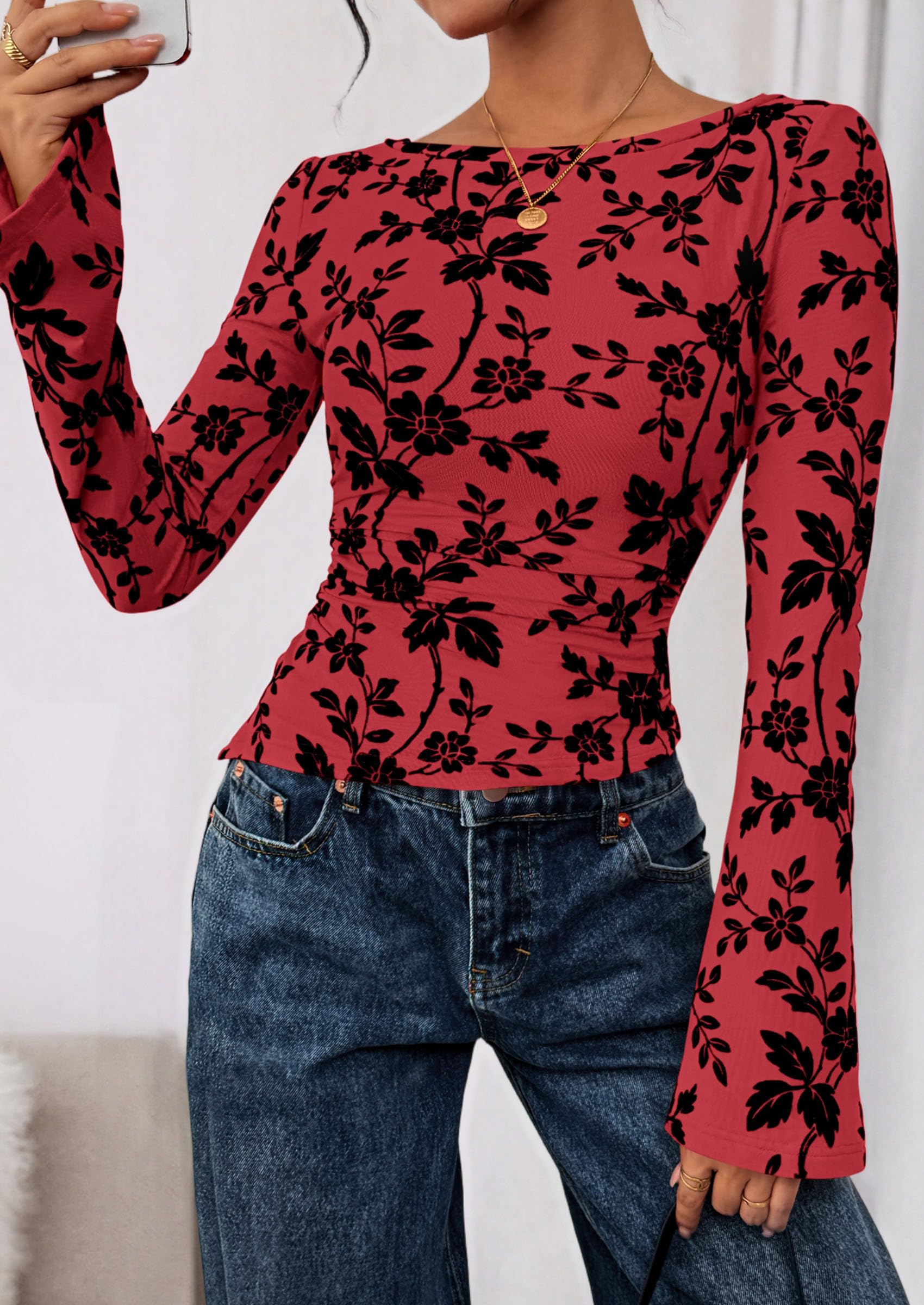 PRETTYGARDEN Women Long Sleeve Floral Mesh Tops Blouse  Fall Trendy Boat Neck Ruched Fitted Shirt Going Out Date Outfits