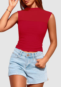 Sheer Mesh Casual Sleeveless Mock Neck Ruched Slim Fitted Tank Tops