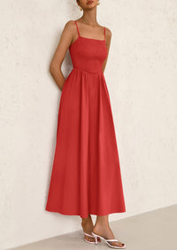 Smocked Beach Casual Spaghetti Strap Swing A Line Flowy Maxi Dresses