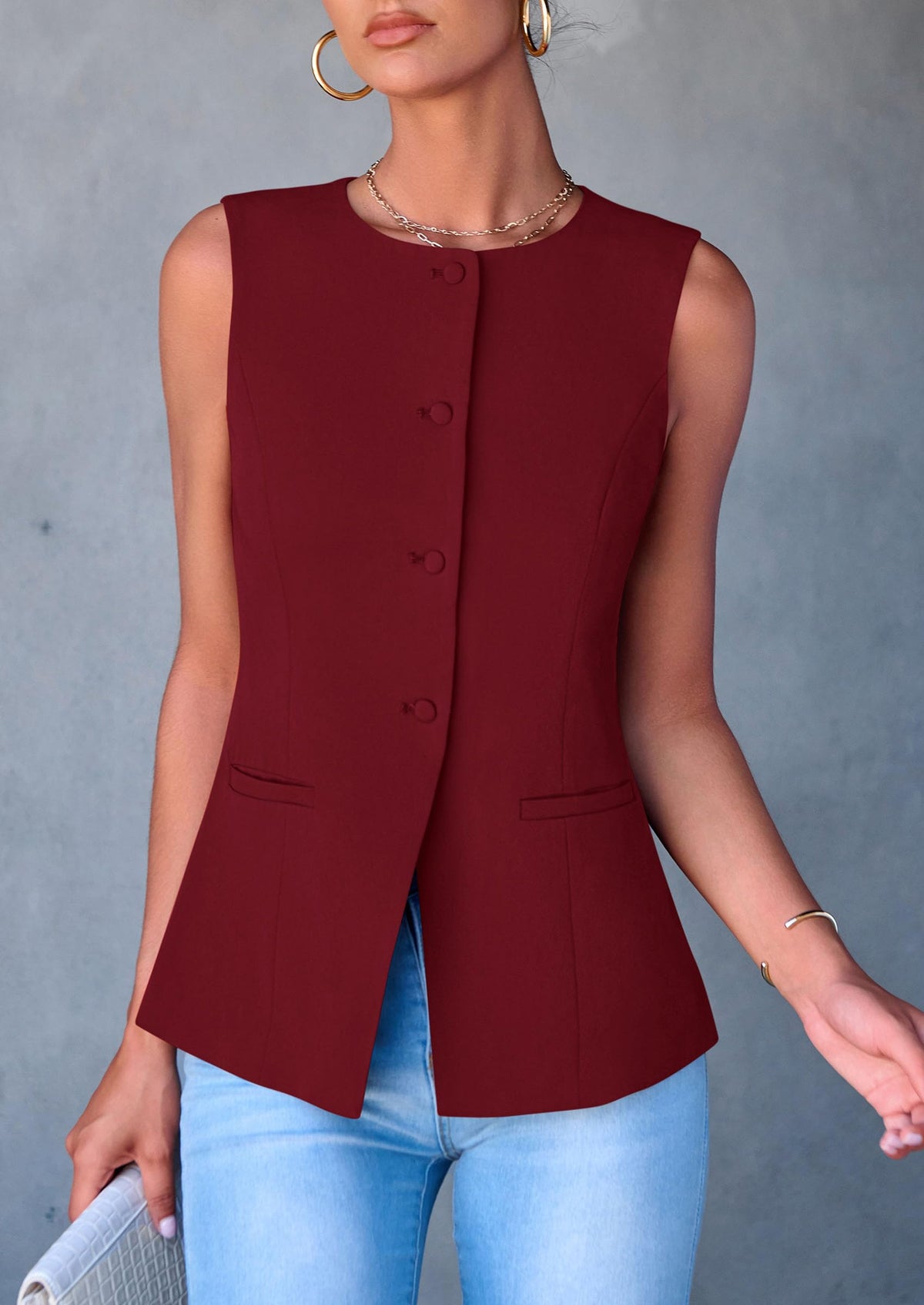 Dressy Business Casual Sleeveless Button Down Blazer Waistcoat