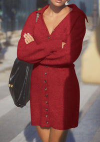 Long Sleeve V Neck Button Down Knit Pullover Sweater Dresses