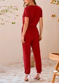 Deep V Neck Wrap Drawstring Waist Jumpsuits