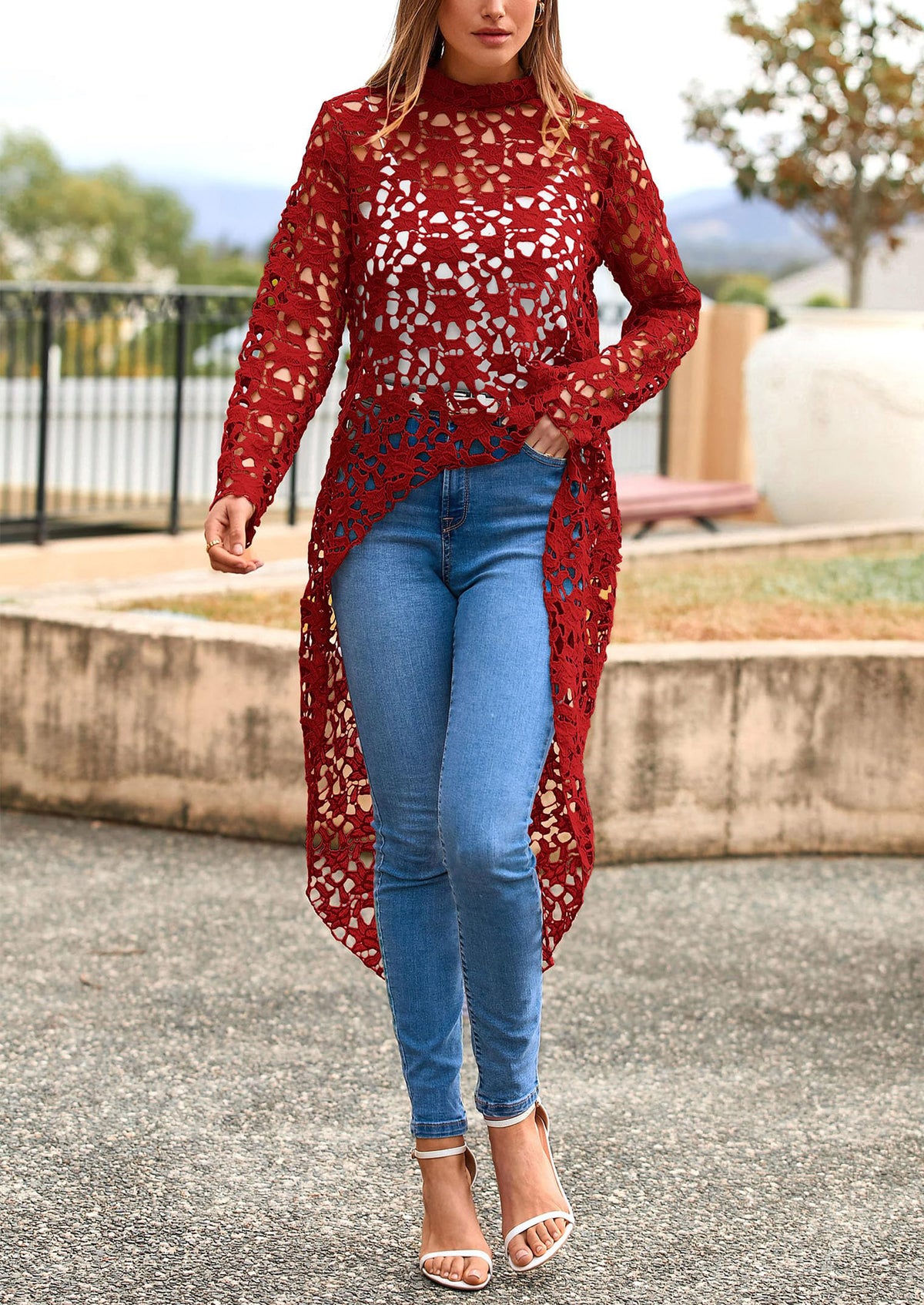 Long Sleeve Round Neck High Low Asymmetrical Irregular Hem Casual Blouse