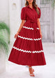 Button Down Puff Short Sleeve Ruffle Flowy Maxi Shirt Dresses With Belt