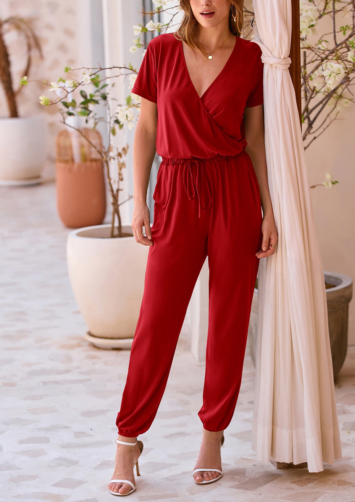 Deep V Neck Wrap Drawstring Waist Jumpsuits