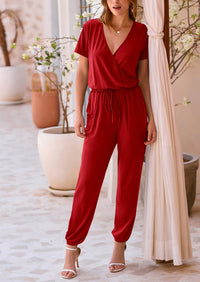 Deep V Neck Wrap Drawstring Waist Jumpsuits