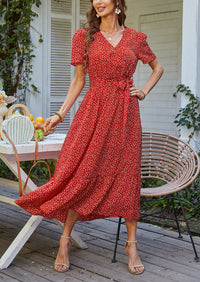V Neck Short Sleeve Belted Ruffle Floral Summer Dresses