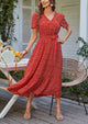 V Neck Short Sleeve Belted Ruffle Floral Summer Dresses