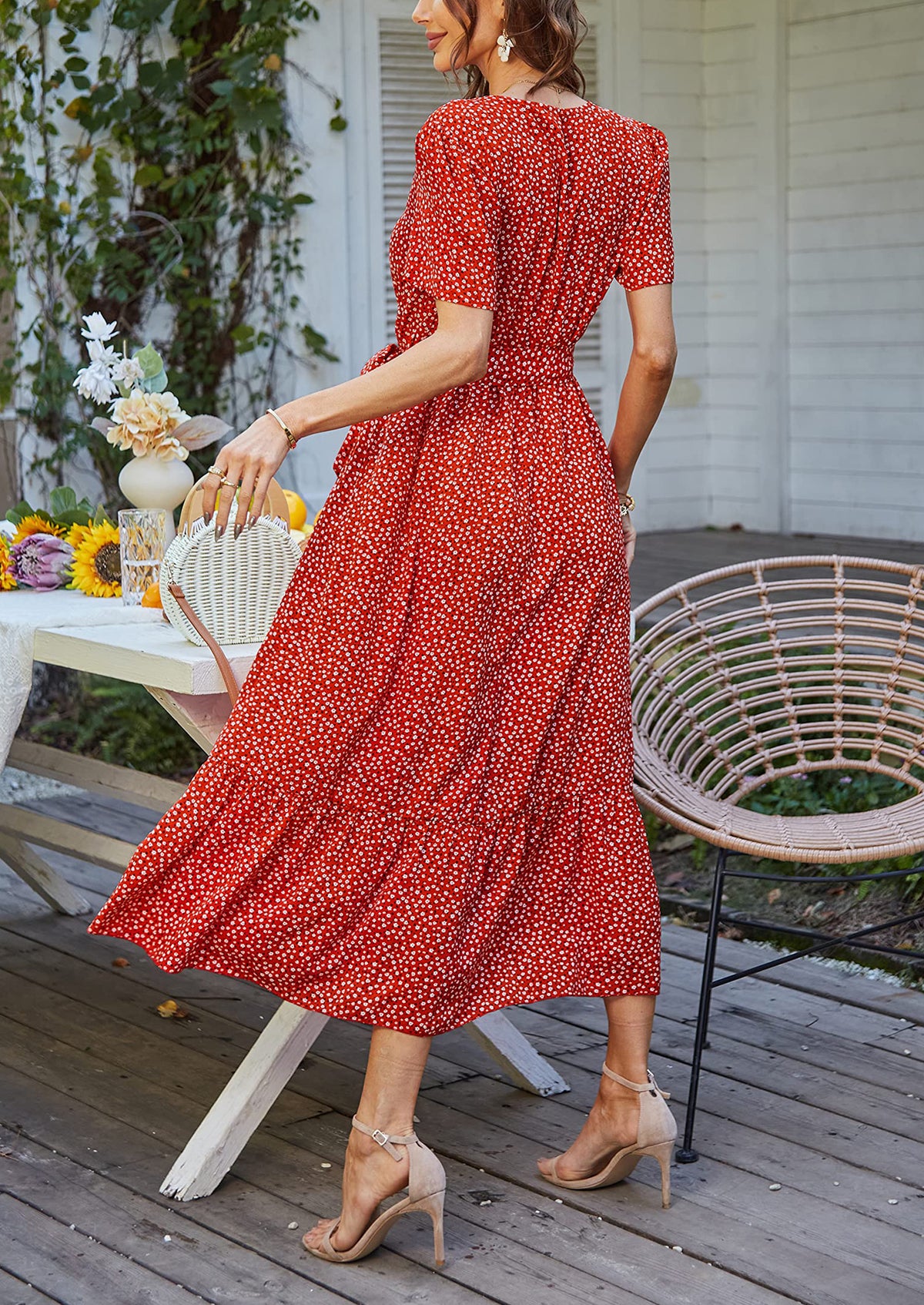 V Neck Short Sleeve Belted Ruffle Floral Summer Dresses