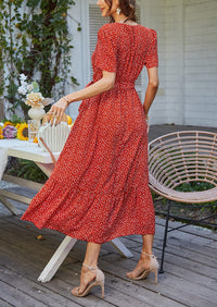 V Neck Short Sleeve Belted Ruffle Floral Summer Dresses