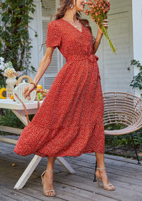 V Neck Short Sleeve Belted Ruffle Floral Summer Dresses