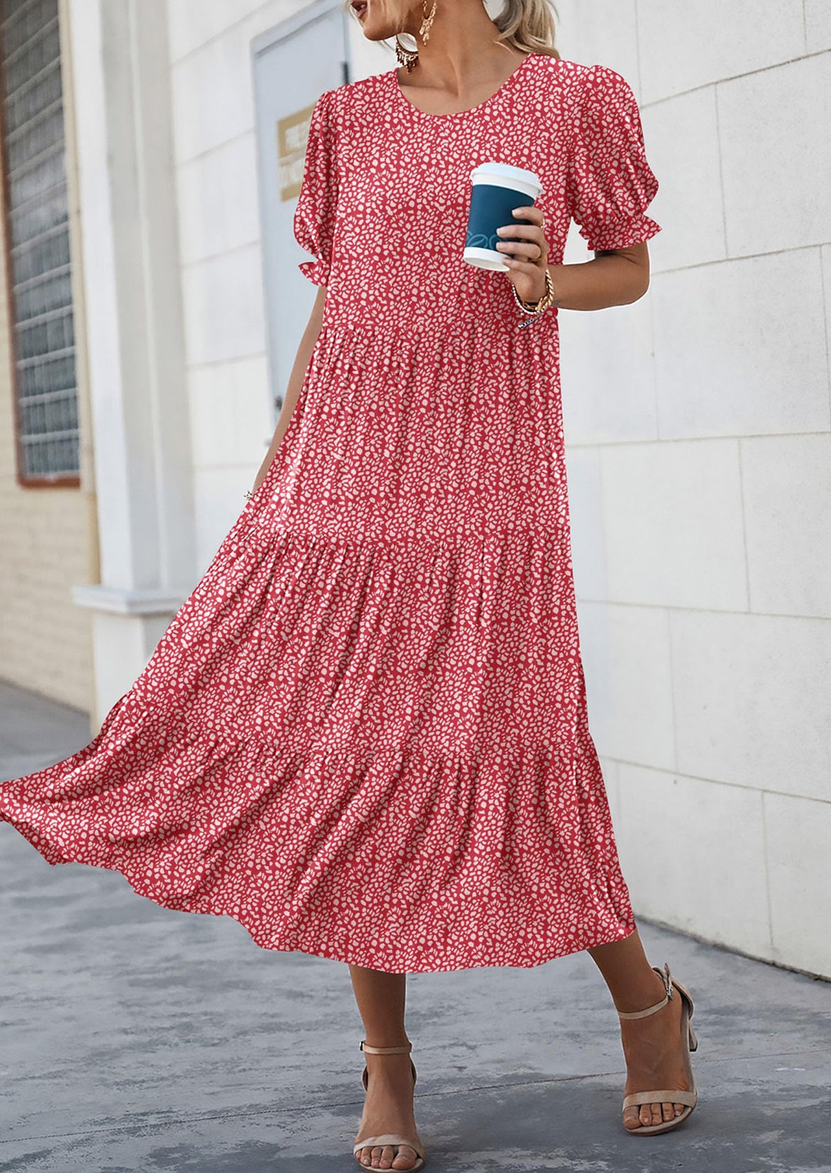 Casual Boho Floral Print Ruffle Puff Short Sleeve Flowy Beach Party Midi Dresses