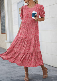 Casual Boho Floral Print Ruffle Puff Short Sleeve Flowy Beach Party Midi Dresses