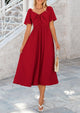 Casual Short Sleeve Bow Tie V Neck Ruffle Flowy Midi Dresses