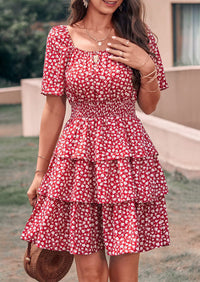 Floral Square Neck Short Sleeve Tiered Ruffle Boho Dresses
