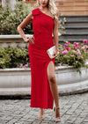 PRETTYGARDEN Summer One Shoulder Long Formal Women's Dress Sleeveless Ruched Bodycon Wedding Guest Slit Maxi Dresses
