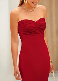 Strapless Tube Twist Knot Front Ribbed Knit Elegant Bodycon Maxi Dresses With Slit