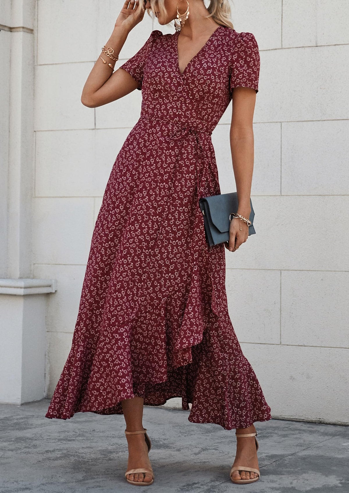 Floral V Neck Short Sleeve Midi Dresses