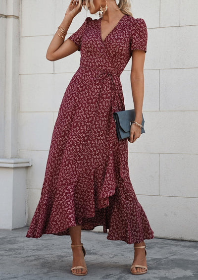 PRETTYGARDEN Women Casual Floral Boho Split Ruffle Beach Long Maxi Dresses