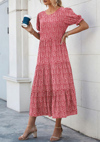 Casual Boho Floral Print Ruffle Puff Short Sleeve Flowy Beach Party Midi Dresses
