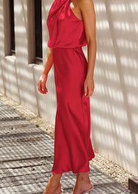 Satin sleeveless stand up collar party long dress