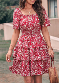 Floral Square Neck Short Sleeve Tiered Ruffle Boho Dresses