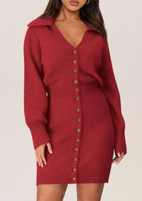 Long Sleeve V Neck Button Down Knit Pullover Sweater Dresses