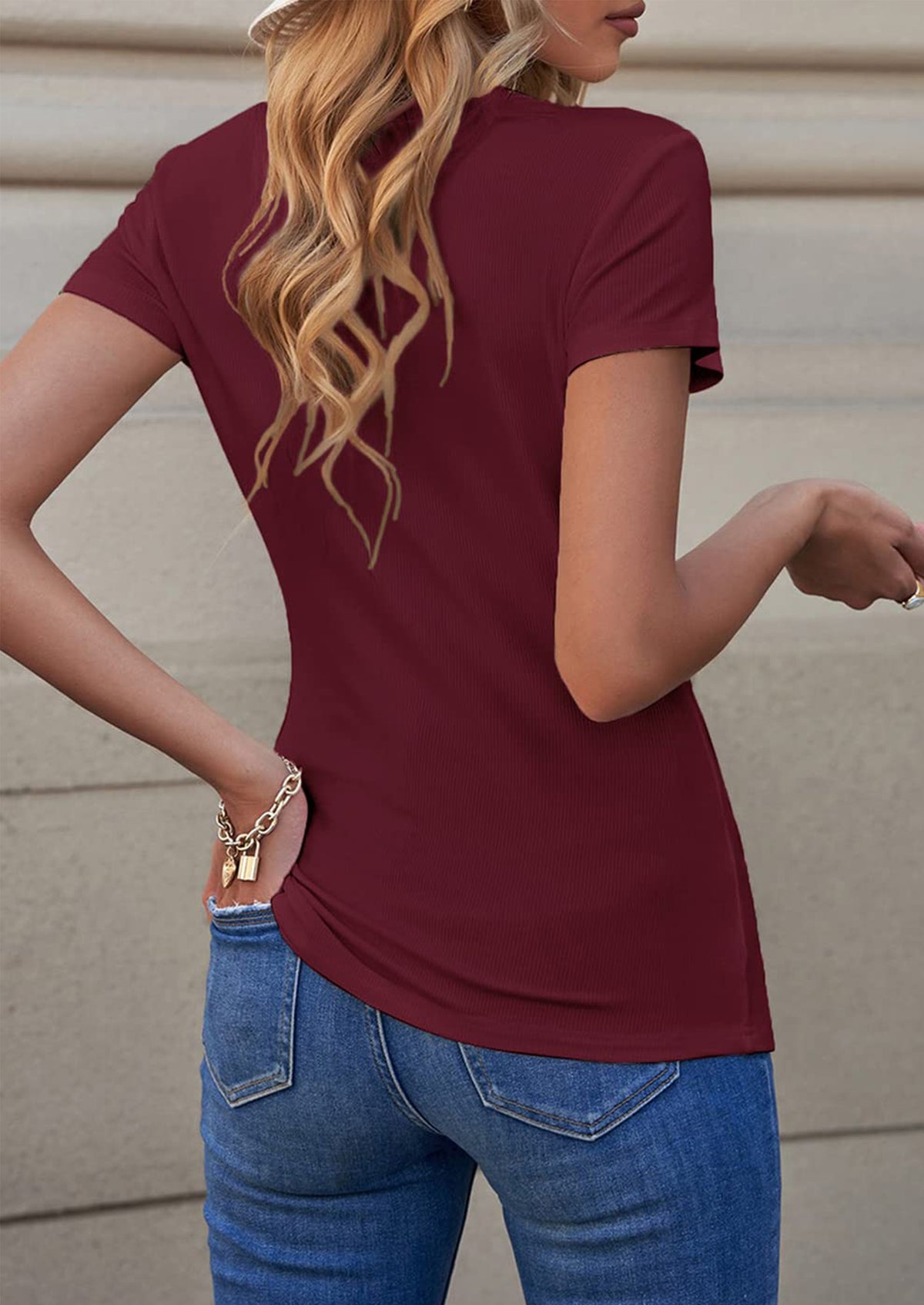 Short Sleeve V Neck Button Ribbed Knit T-shirt