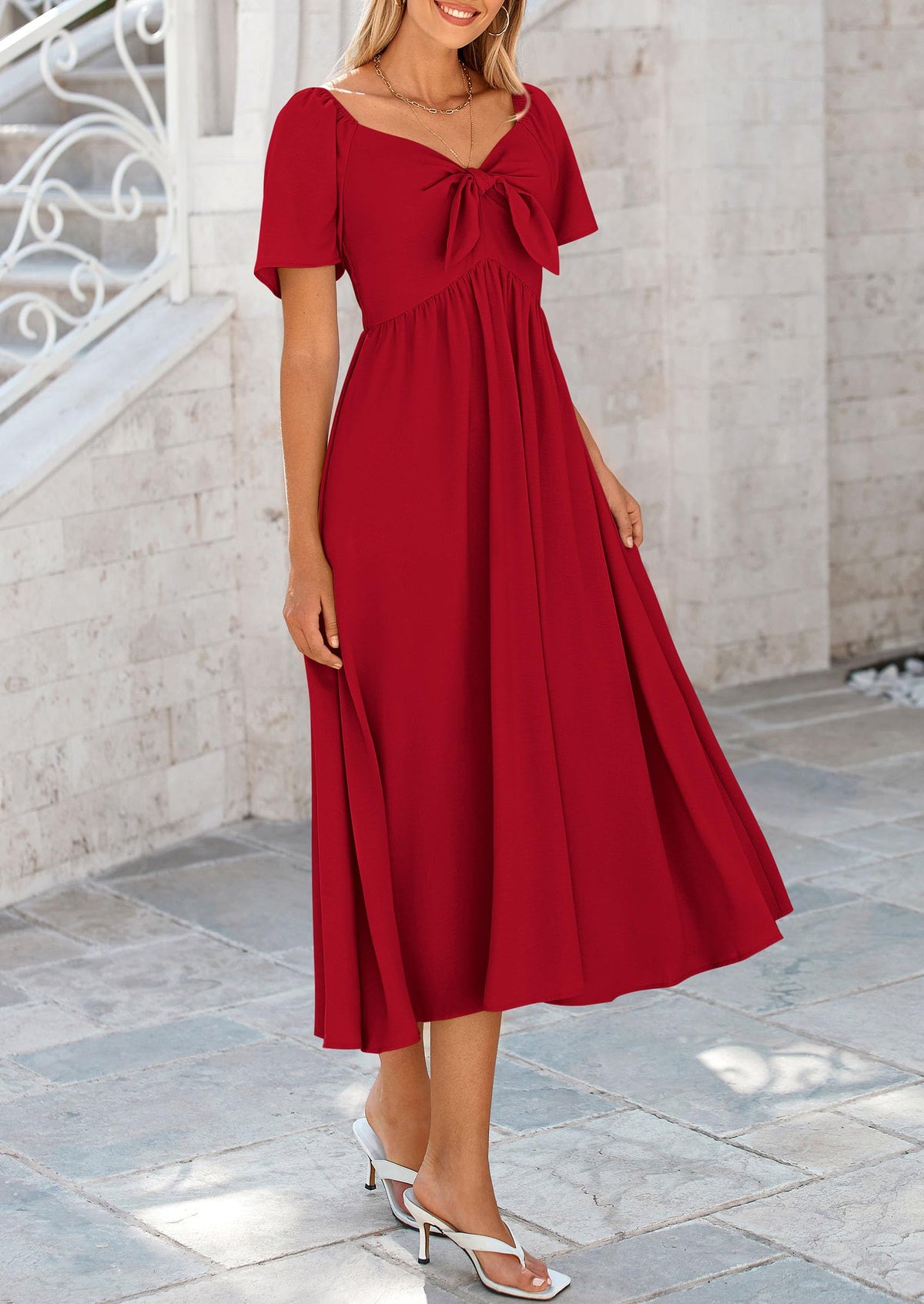 Casual Short Sleeve Bow Tie V Neck Ruffle Flowy Midi Dresses