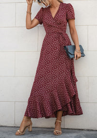Floral V Neck Short Sleeve Midi Dresses