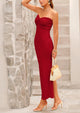Strapless Tube Twist Knot Front Ribbed Knit Elegant Bodycon Maxi Dresses With Slit