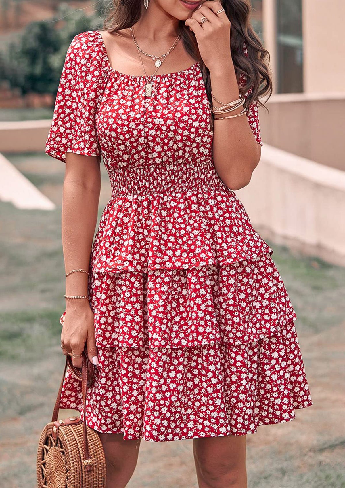 Floral Square Neck Short Sleeve Tiered Ruffle Boho Dresses