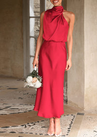 Satin sleeveless stand up collar party long dress